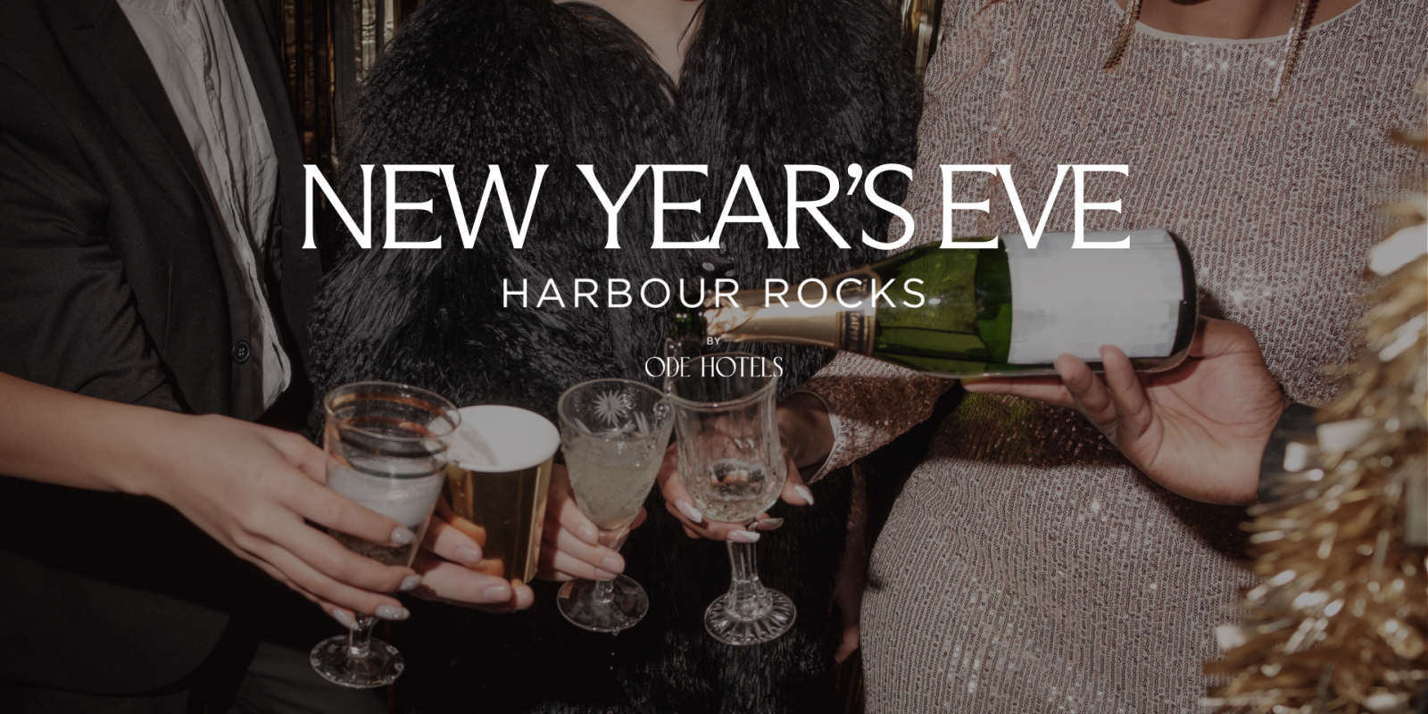 People hold cocktail glasses and a green bottle beneath overlaid “New Year’s Eve” text.