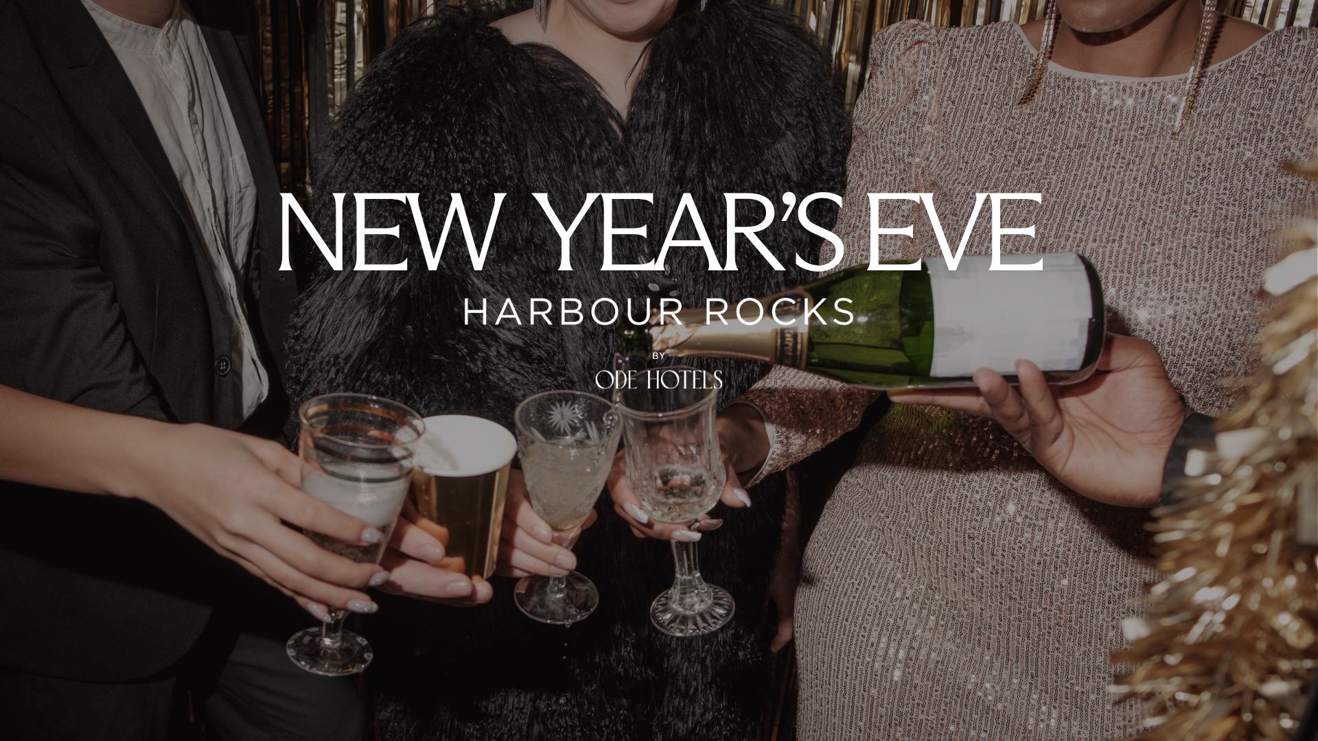 People hold cocktail glasses and a green bottle beneath overlaid “New Year’s Eve” text.